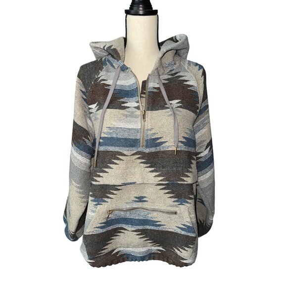 Main Strip Tops - Main Strip Southwestern Aztec Print Hooded Sweatshirt Gray/Blue/Brown Soft Large